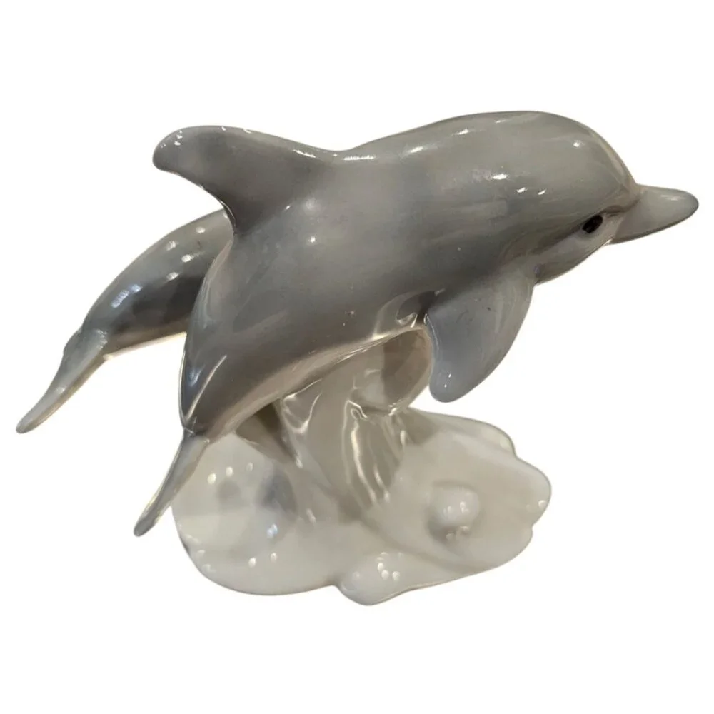 Otagiri Porcelain Gray Dolphins White Wave Figurine Figure Made in Japan Vintage
